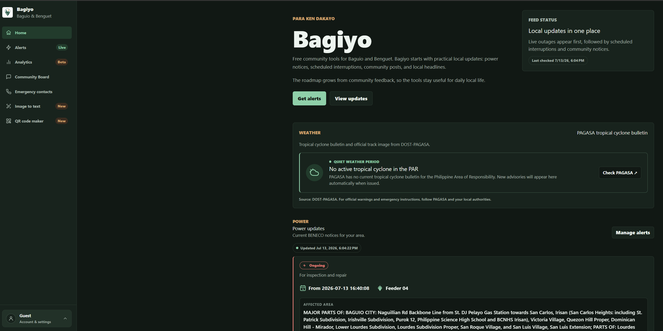 Bagiyo home page showing weather and BENECO power updates